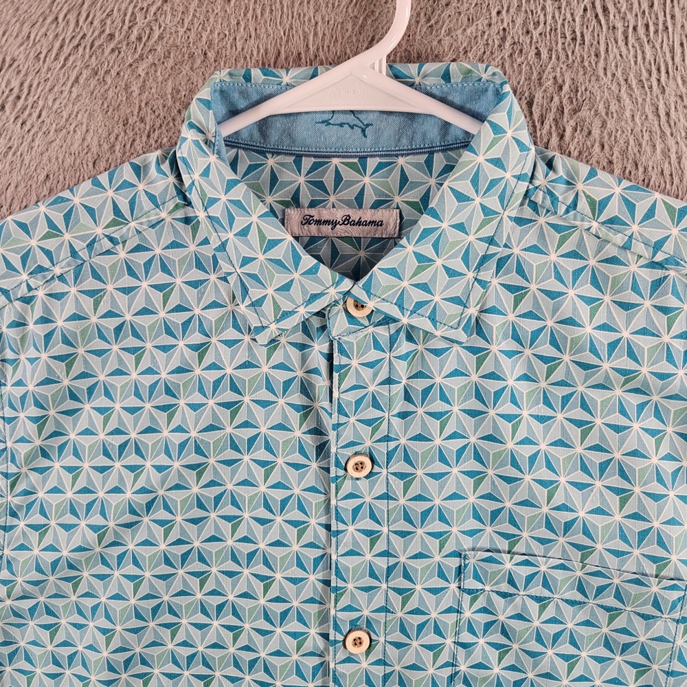 Tommy Bahama Mens Silk Coolmax Geometric Mosaic Blue Green Shirt Medium